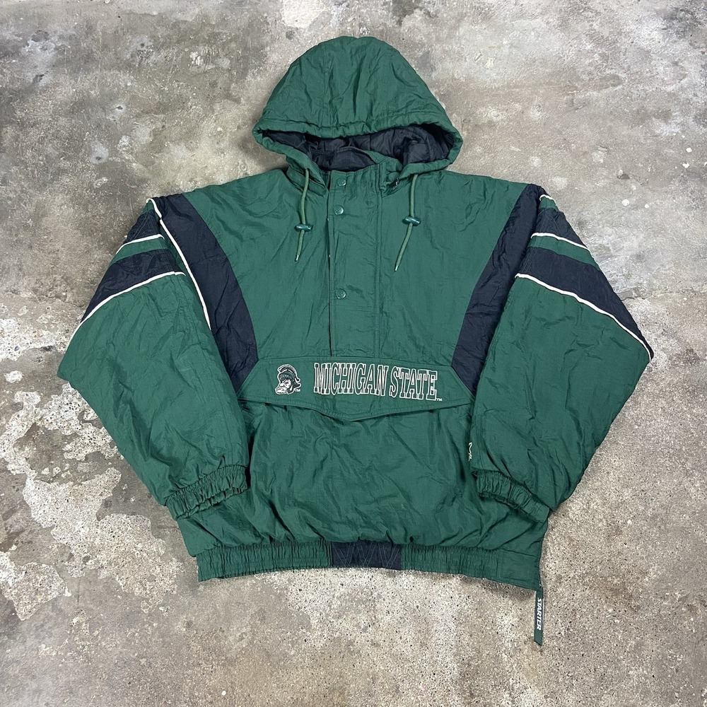Vintage 90s Starter Michigan State University Jacket Size XL Green Gruff Sparty